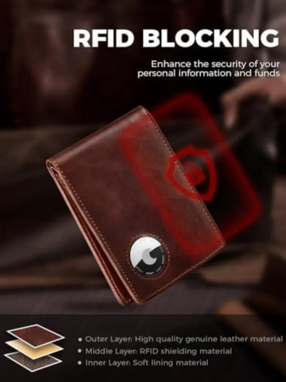 Minimalist Bifold Leather Wallet with AirTag Holder, RFID Blocking, 12 Card